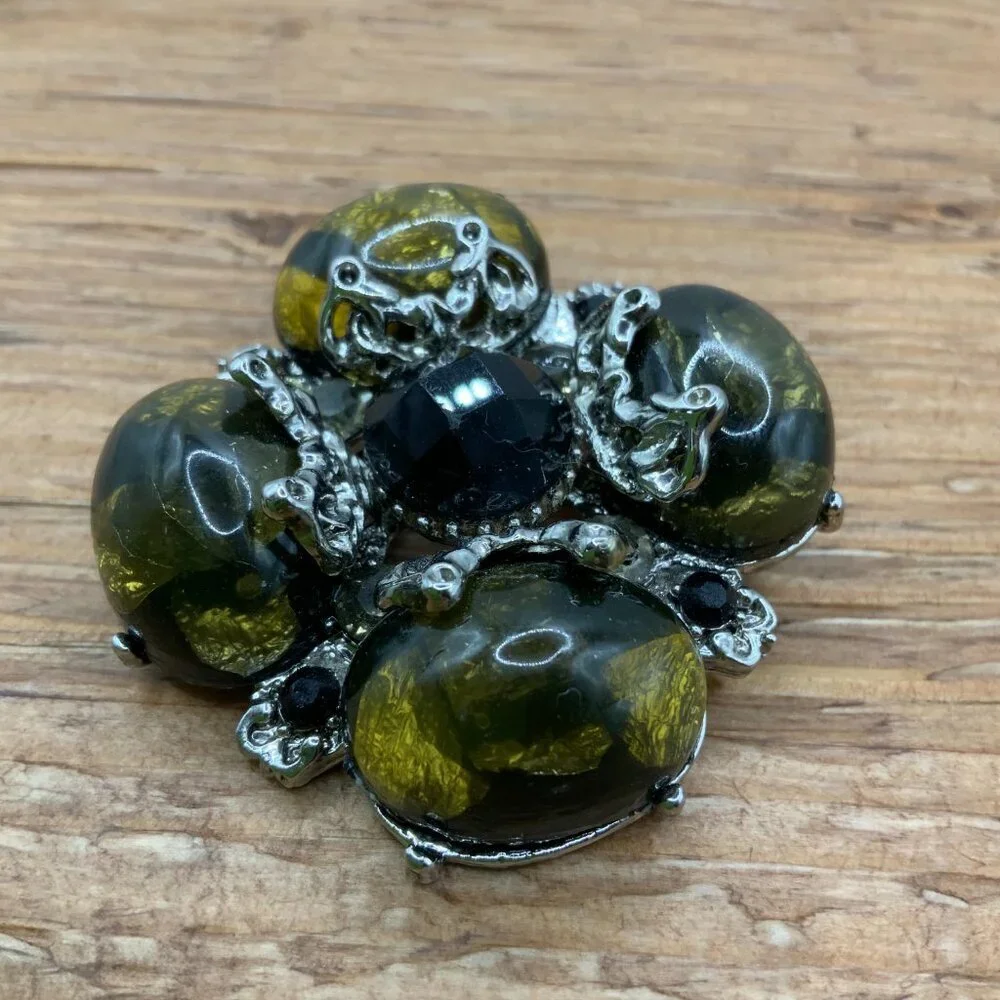 Dark Green Lucite Cabochons Vintage Silver Tone Black Rhinestone Center Brooch